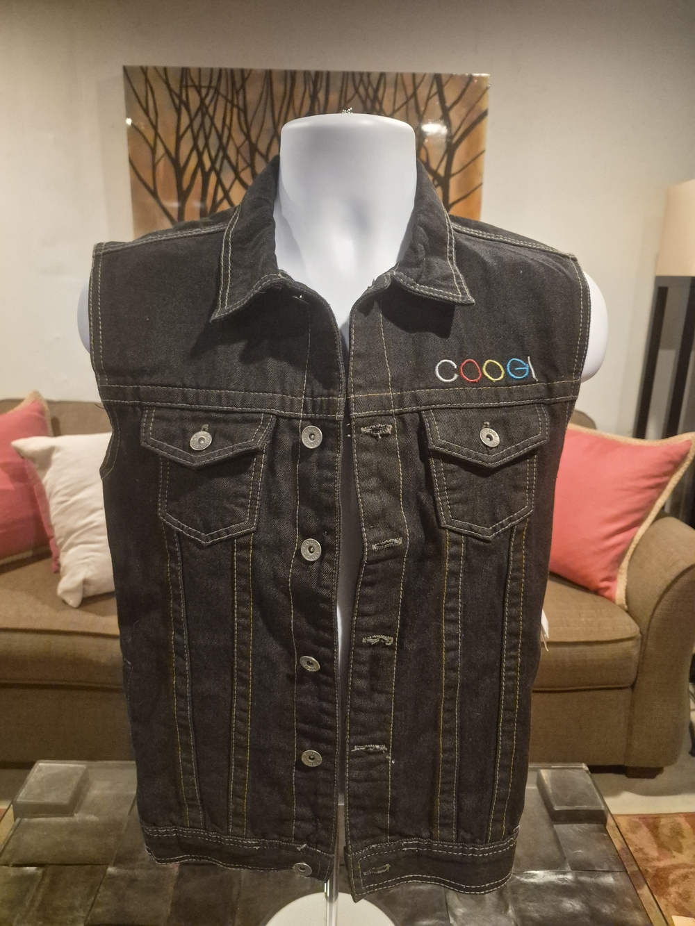 Source Unknown Black Denim Vest with Multicolor Logo